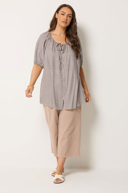 Yours Bruine Blouse Met Gestreepte Print En Pofmouwen Size 42