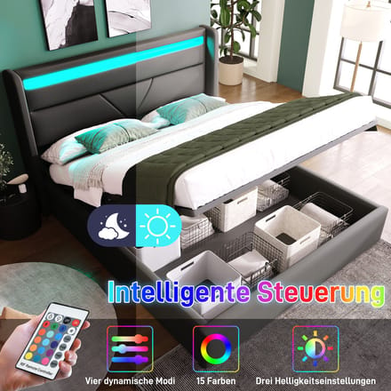 Hydraulisch opbergbed met LED verlichtingsstrip, tweepersoonsbed bedframe gestoffeerd bed 140x200cm, functioneel bed, grijs (met afstandsbediening)