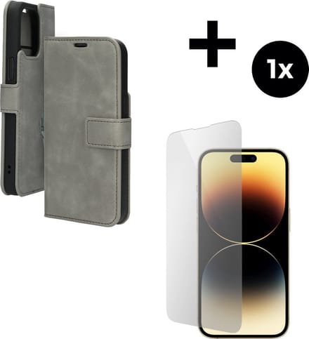 Mobiparts Classic Wallet hoesje geschikt voor Apple iPhone 14 Pro Max met 1 Screenprotector van Gehard Glas - Grijs