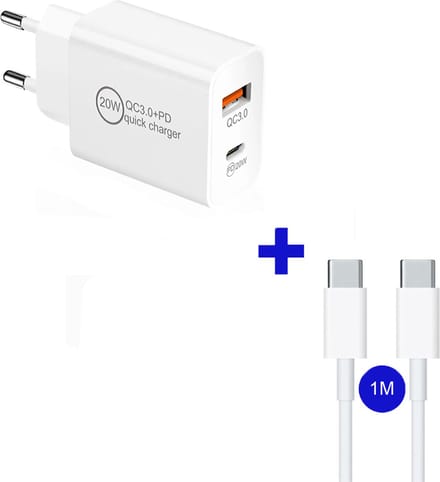 USB C Adapter + Kabel 1M - USB stekker 20W - geschikt voor al jouw USB-C Apparaten - Snellader - Oplader - Universeel - Lader