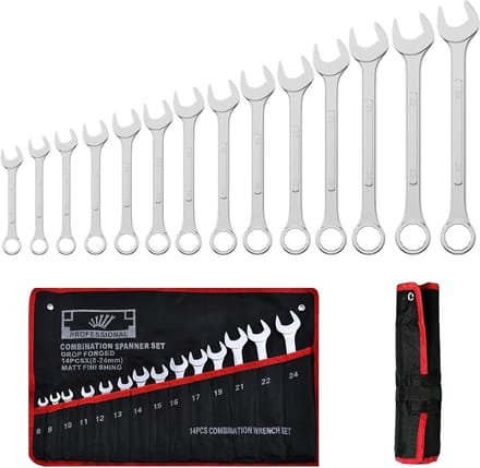 14-Piece Flat Ratchet Wrench Set - 8-24 mm Mixed Socket Spanner Set - Chrome Vanadium Steel - Roll-Up Bag Included