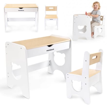 Mamabrum Kinderbureau met Stoel en Lade – Houten Kindertafel Set – Wit/Naturel – Beer Design