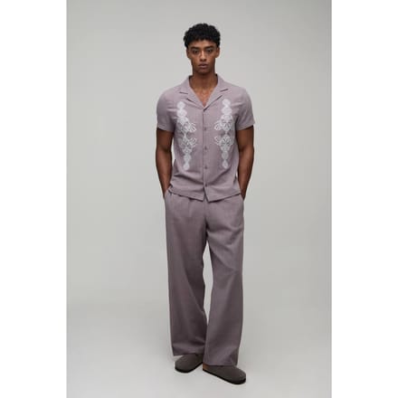 Textured Embroidered Regular Shirt & Wide Leg Trouser Set | Taupe | Size Medium