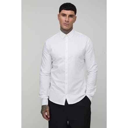 Lang Slim Fit Overhemd met Knoopsluiting en Oxford Lange Mouwen | White | Size Medium