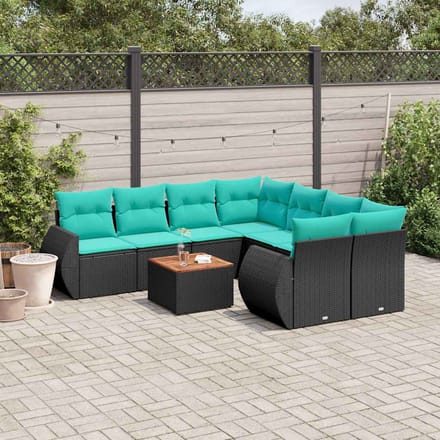 vidaXL - 9-delige - tuinbankset - met - kussens - van - zwart - polyrotan