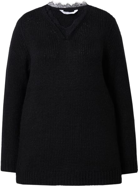 MIAMODA - Dames - Trui classic fit grof breisel hals met kant - Zwart - Maat 46+