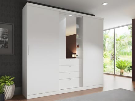 Vente-unique Kledingkast - Schuifdeuren - Spiegel en lades - L 240 cm - Wit - BODIL