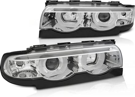 Koplampen dual halo rims BMW E38 94-01 ANGEL EYES 3D CHROOM