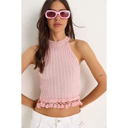 Gestructureerde Halterneck Aansluitende Croptop Blouse