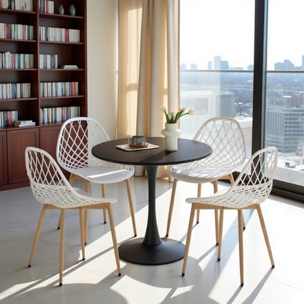 EGGREE eethoek - eettafel met 4 witte stoelen - tafel Ø 70 cm - voor bar - café en eetkamer - zwarte tafel