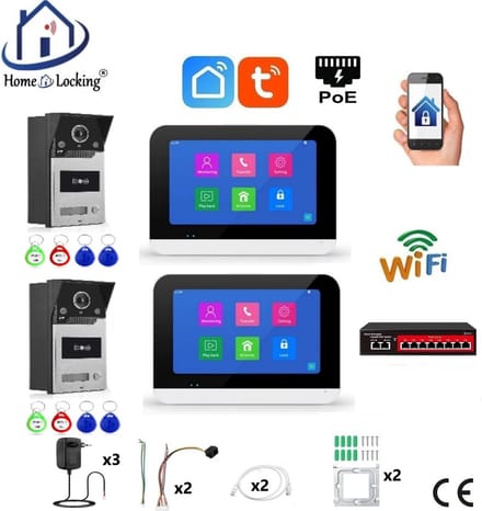 Smart WIFI deur intercom/videofoon touchscreen met bediening via Smart Life APP werkt met Alexa en Google spraaksturing. T-2302-2-2