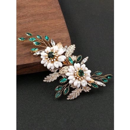 1 stuks Handgemaakte Gouden Legering & Parel Bloemen Bruids Haarclip, Bruiloft Feest Haaraccessoire one-size groen