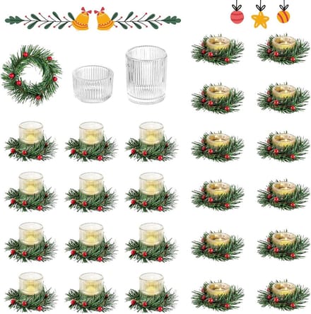 24x Mini Votief Kaarshouders Glas met Geribbelde Rand en Kerst Kransringen Decoratie