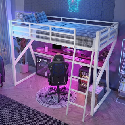 REDOM Bedframe 90x200 cm – Hoogslaper met bureau & LED-verlichting – Metaal/MDF – Wit