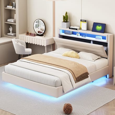 Gestoffeerd Bed 140x200 cm - met USB en LED-verlichting - Linnen - Beige