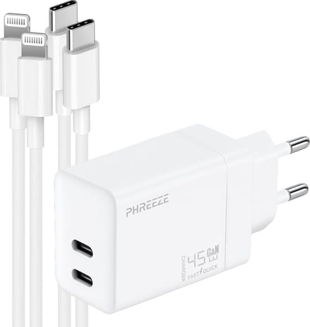 Phreeze 45w snellader - Met 2 MFI usb C naar Lightning kabels - Usb C power adapter geschikt voor iPhone en iPad