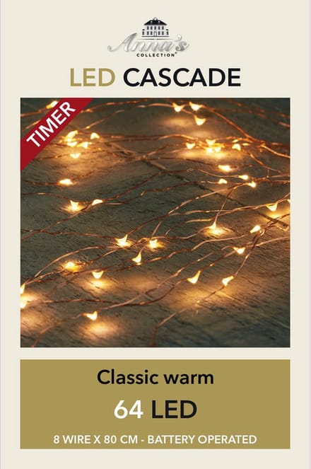 Cascade draadverlichting - koperdraad - 64 Led's - warm wit - op batterij