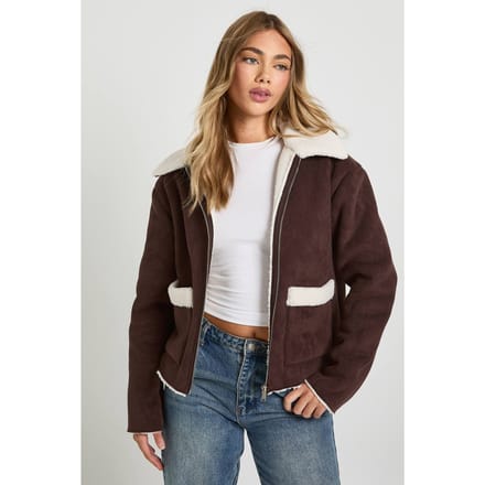 boohoo Dames Teddy Trim Namaaksuede Aviator | Chocolate | Maat: 14