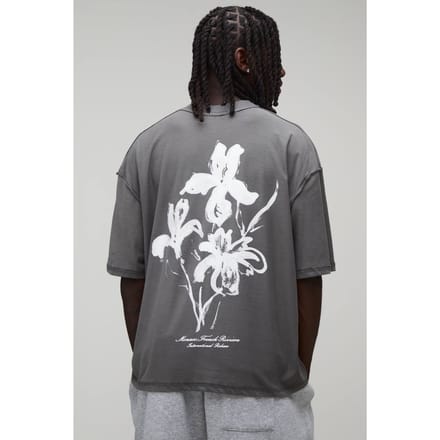 Antraciet Oversized Boxy T-shirt Met Bloemenprint En Zichtbare Naden | Charcoal | Size Medium