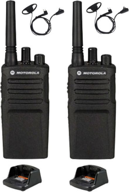 Set van 2 Motorola XT420 UHF IP55 PMR446 met laders en D-shape oortje M1 2-Pins