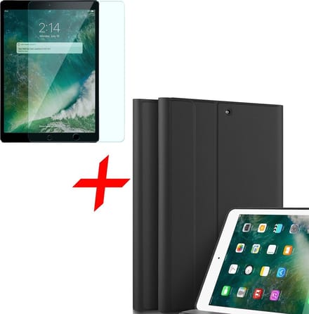 Hoes + Screenprotector geschikt voor iPad 2017 / 2018 9.7 inch - Book Case Mat Zwart + Screenprotector