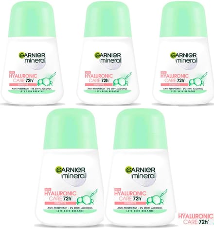 Garnier Mineral Hyaluronic Care 72H Sensitive Deodorant Roll On - 5 x 50 ml