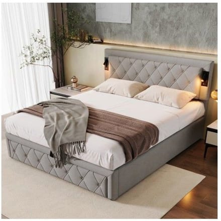 Gestoffeerd bed - MUVOE - 160x200 cm - met spots - USB-poort - hoofdbord van grijs linnen