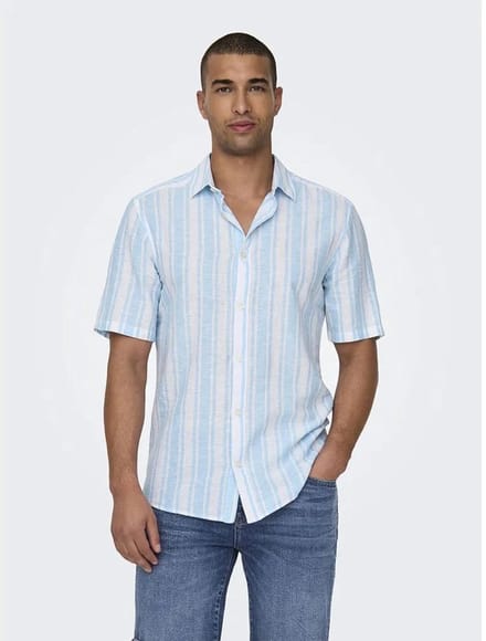 ONLY&SONS - ONSCAIDEN LIFE SS MIX STRIPE LINEN SHIRT - Heren - Overhemden