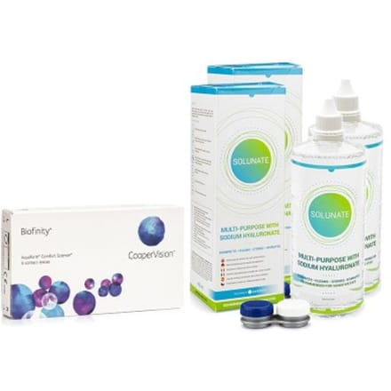 Biofinity CooperVision (6 lenzen) + 2 x Solunate Multi-Purpose 400 ml met lenzendoosje