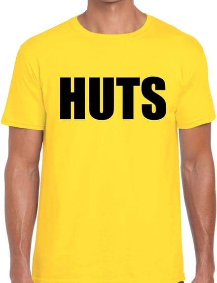 HUTS tekst t-shirt geel voor heren - heren feest t-shirts M