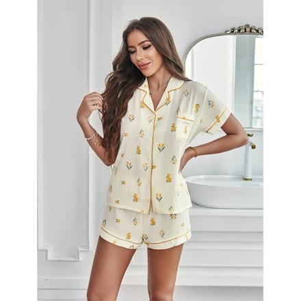 Bloemenprint Getextureerde Pyjama Set Elegant Korte Mouw Knopen Revers Top & Elastische Shorts Dames Nachtkleding M white