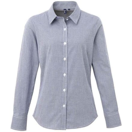 Premier Dames/Dames Micro Gingham geruit katoenen shirt met lange mouwen (Marine / Wit)