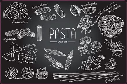 Placemats Set van 4 – Pasta Menu – 30x45 cm – Antislip – Afwasbaar Kunststof – Onderlegger & Tafeldecoratie
