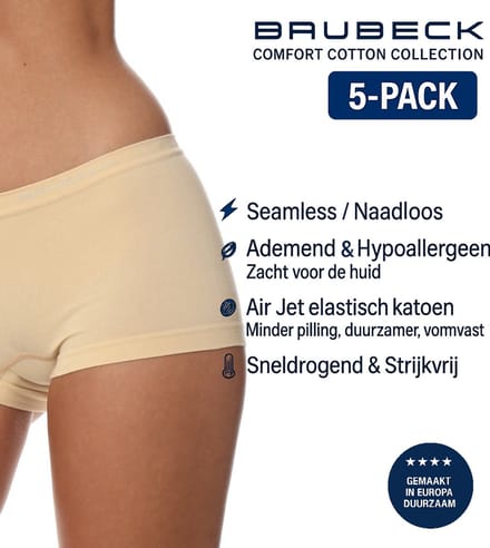 Brubeck Dames Boxershort – Naadloos (Seamless) Elastisch Katoen – 5-Pack - Beige S