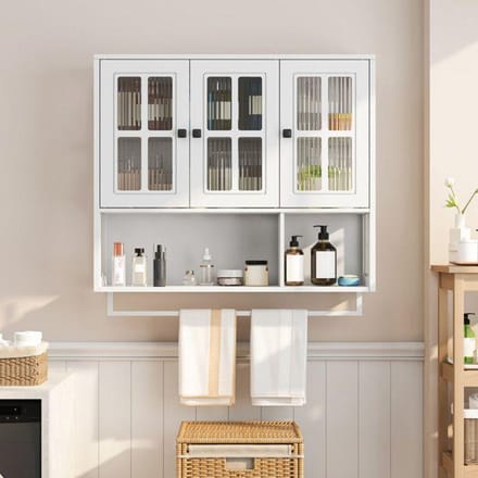 Wandkast voor de badkamer met open en verborgen opbergvakken, witte afwerking wit