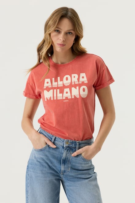 GARCIA Dames Tekst Print T-shirt Rood Korte mouw