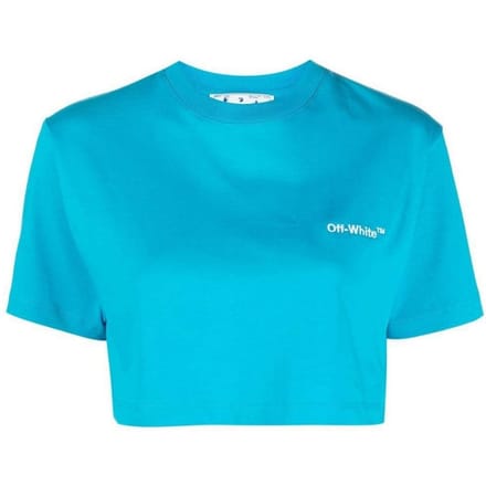 Off White Dames Helvetica Crop T-Shirt (Blauw)
