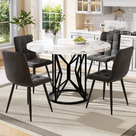 MODFU - Eetkamerset - 5-Delig Met 4 Stoelen - Modern - Voor Eetkamer - MDF, Metaal En Fluweel - 100 X 100 X 76 Cm