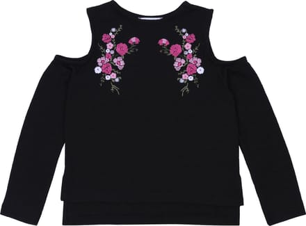 Zwarte trui met bloemen, uitgesneden schouders
