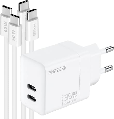 Phreeze usb C oplaadset 35 W - GaN charger met 2x usb C naar usb C kabels - Snellader