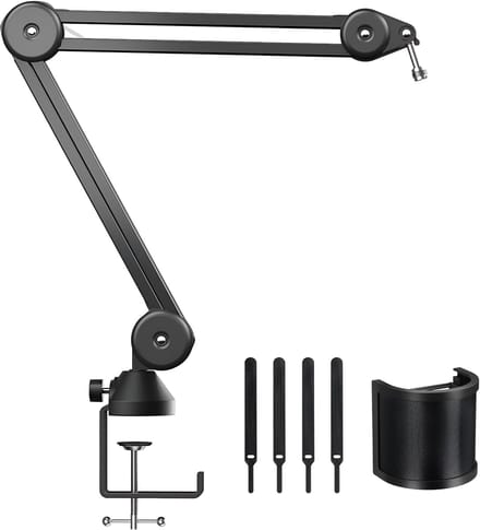 Famanu microfoonstandaard, verstelbare microfoonarm met ruimtebescherming, 3/8" tot 5/8" adapter, microfoon (T10)
