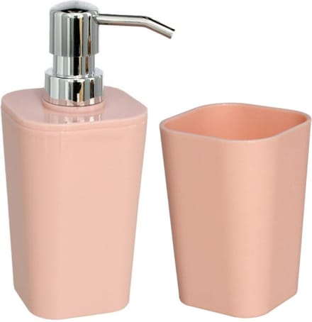 Gerim Zeeppompje/dispenser - kunststof - zalmroze - incl. tandenborstelhouder