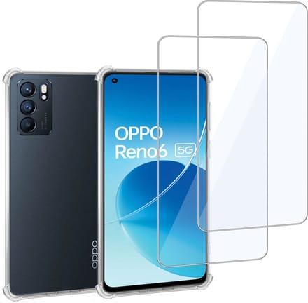 Geschikt voor OPPO Reno 6 - Hoesje + 2x Screenprotector – Gehard Glas Cover + Shock Proof Case – Transparant