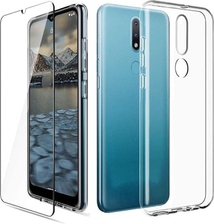HB Hoesje en Glas Geschikt voor Nokia 2.4 Transparant - Siliconen Back Cover + 1x Glazen Screenprotector