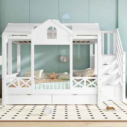 Sweiko Stapelbed - 90x200cm & 140x200cm - 2 lades - Opbergruimte - Grenenhout + MDF - Kinderbed - Wit