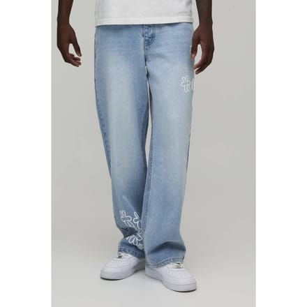 Relaxed Fit Jeans Met Bloemen Puff Print | Light Wash | Size 44R