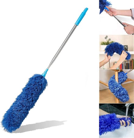 HEOATH Microfiber Extendable Duster, Extra Long 100 Inches Non-Scratch, Bendable, Washable, Hypoallergenic Springs for Cleaning Roof, Ceiling Fan, Blinds, Cobwebs, Skirting Boards - Blue