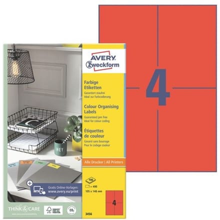Avery Gekleurde Etiketten, rood, 105,0 x 148,0 mm, permanent klevend