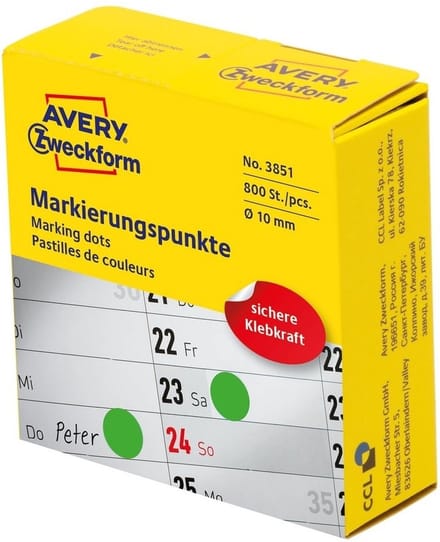 Avery-Zweckform 3851 Etiketten voor markeringspunten Ø 10 mm Groen 800 stuk(s) Permanent hechtend Papier