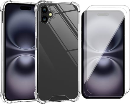 Hoesje geschikt voor iPhone 16 - 2x Screenprotector Glas - Shockproof Transparant met Extra Hoekbescherming